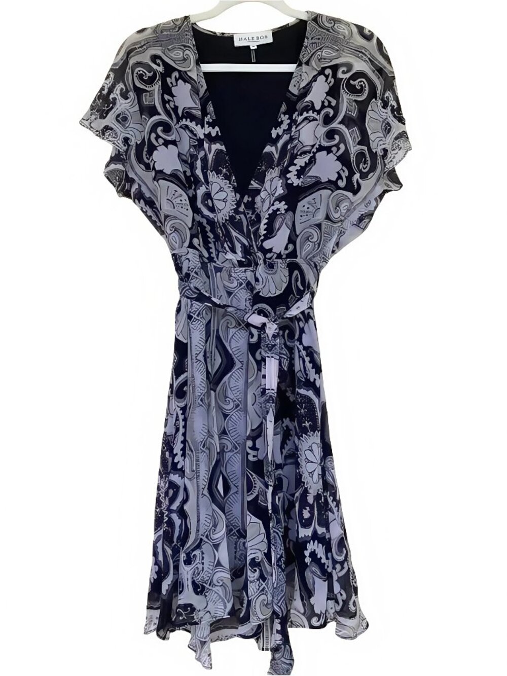 Hale Bob Black & Gray Paisley Sheer Short Sleeves Flowy Midi Dress